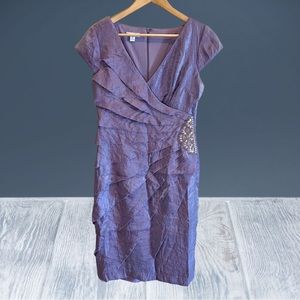 London Times Tiered Ruffles Cap Sleeve Purple Shimmer Knee Length Dress Size 8